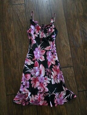 A Wild Thyme Black Floral Slip Dress with Pink Hibiscus Print Size 8P